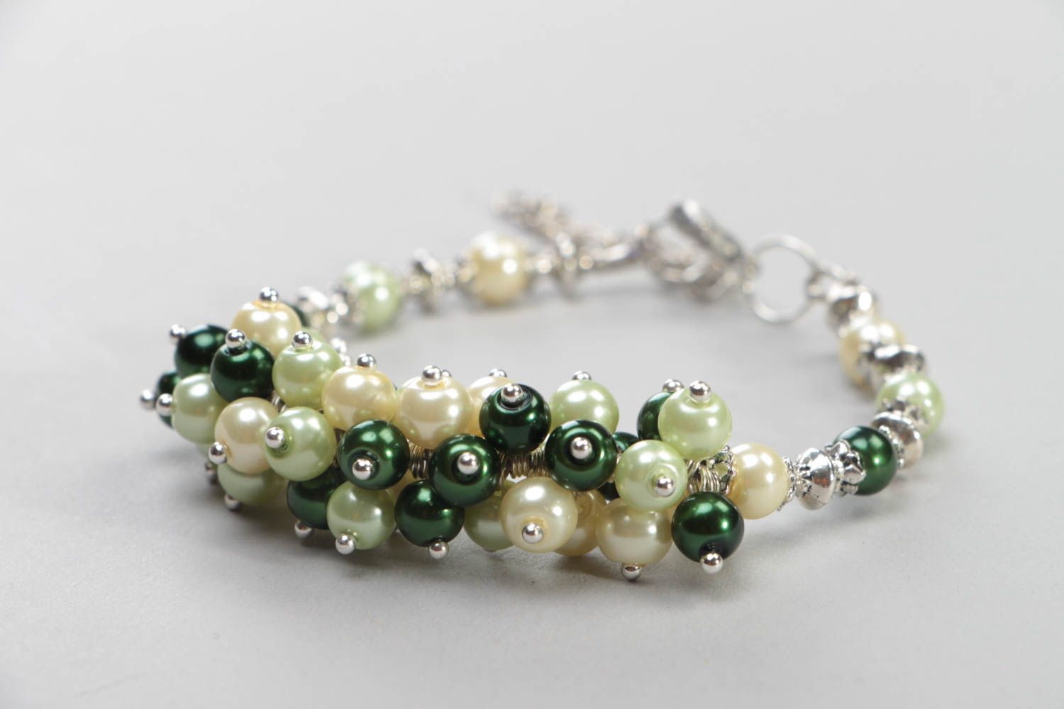 Bracelet en perles céramiques fait main sur chaîne réglable vert original photo 3