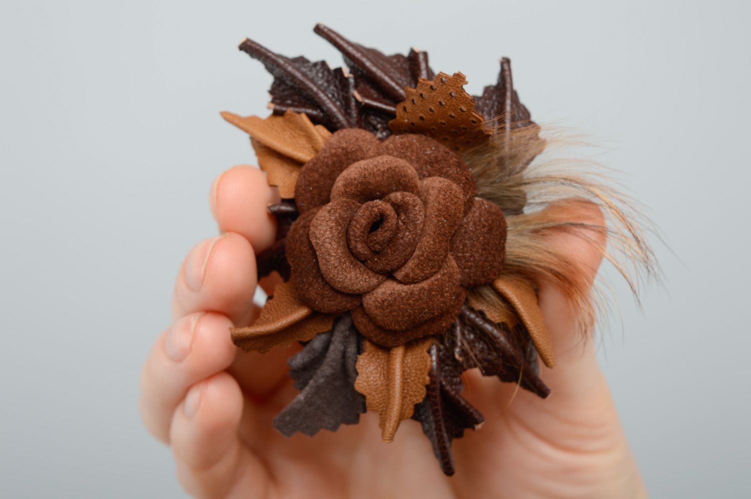 Handmade leather flower brooch-hair clip photo 2