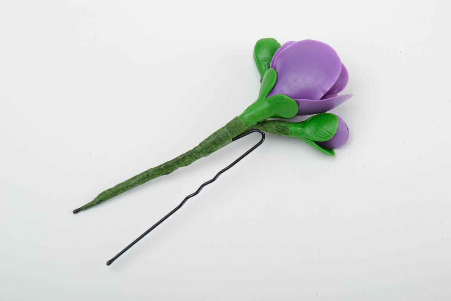 Handmade tender decorative hair pin with cold porcelain violet flower  photo 5