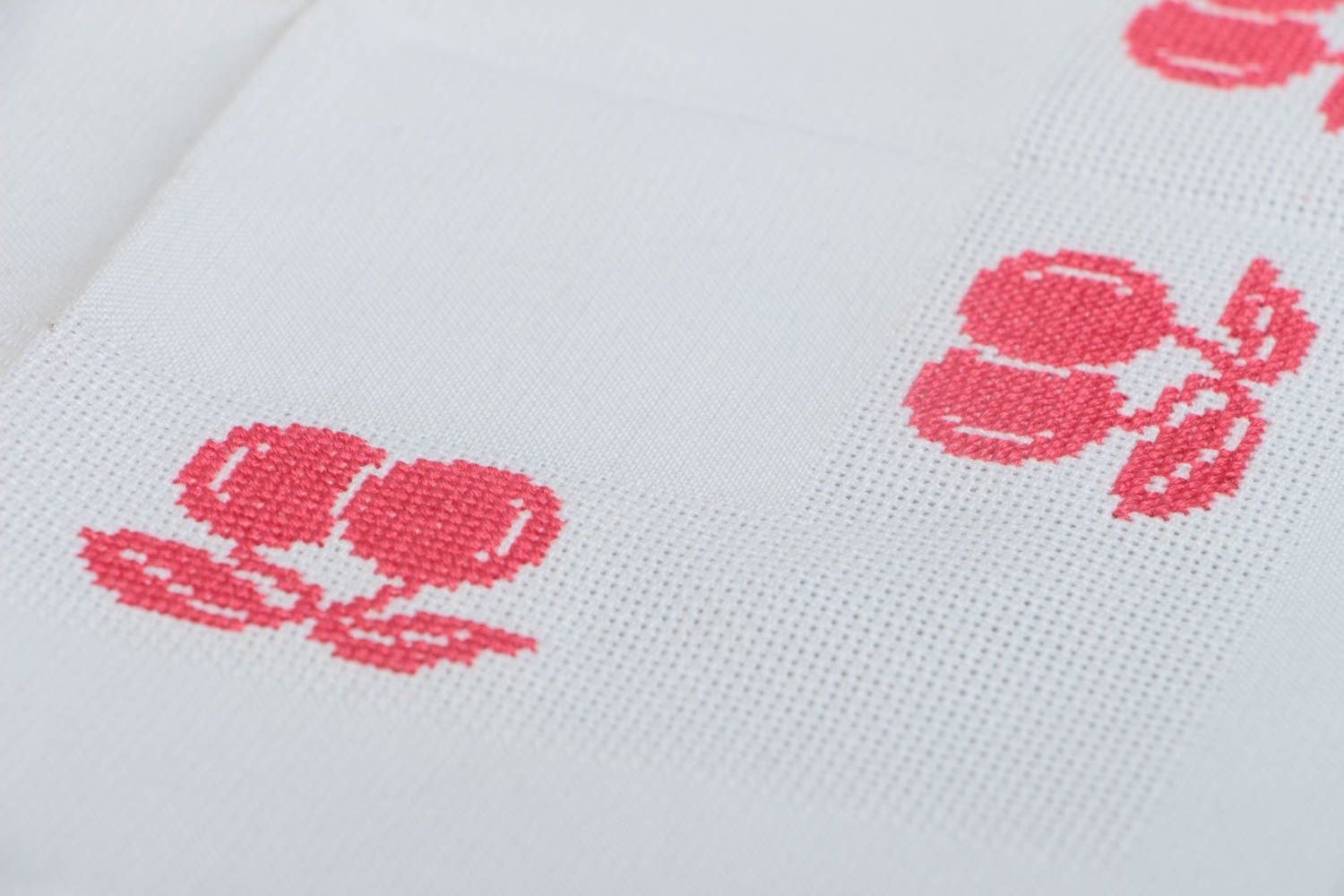 Handmade decorative white table napkin with cross stitch embroidery red cherries photo 3