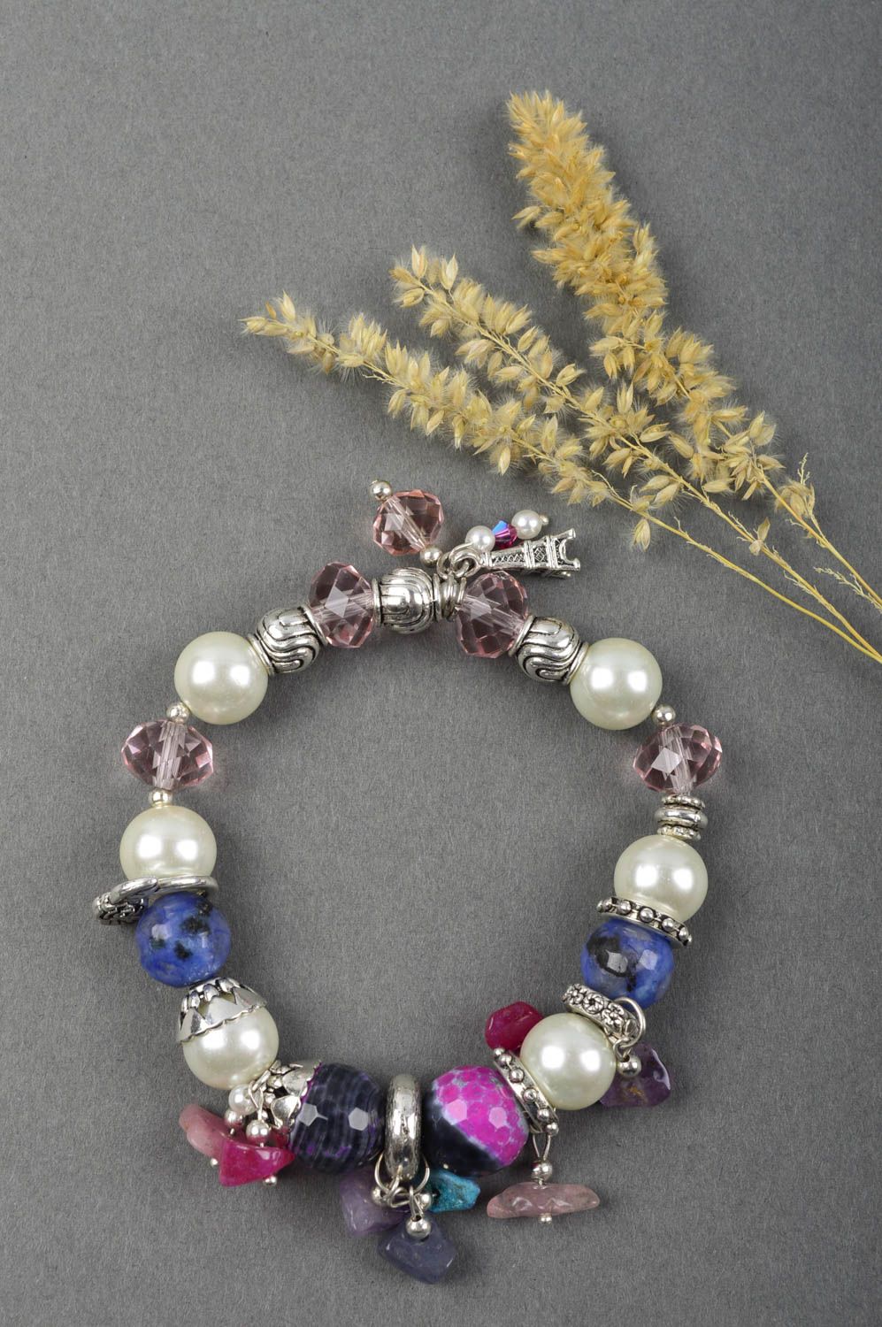 Beaded handmade wrist bracelet agate and crystals beautiful designer accessory photo 1