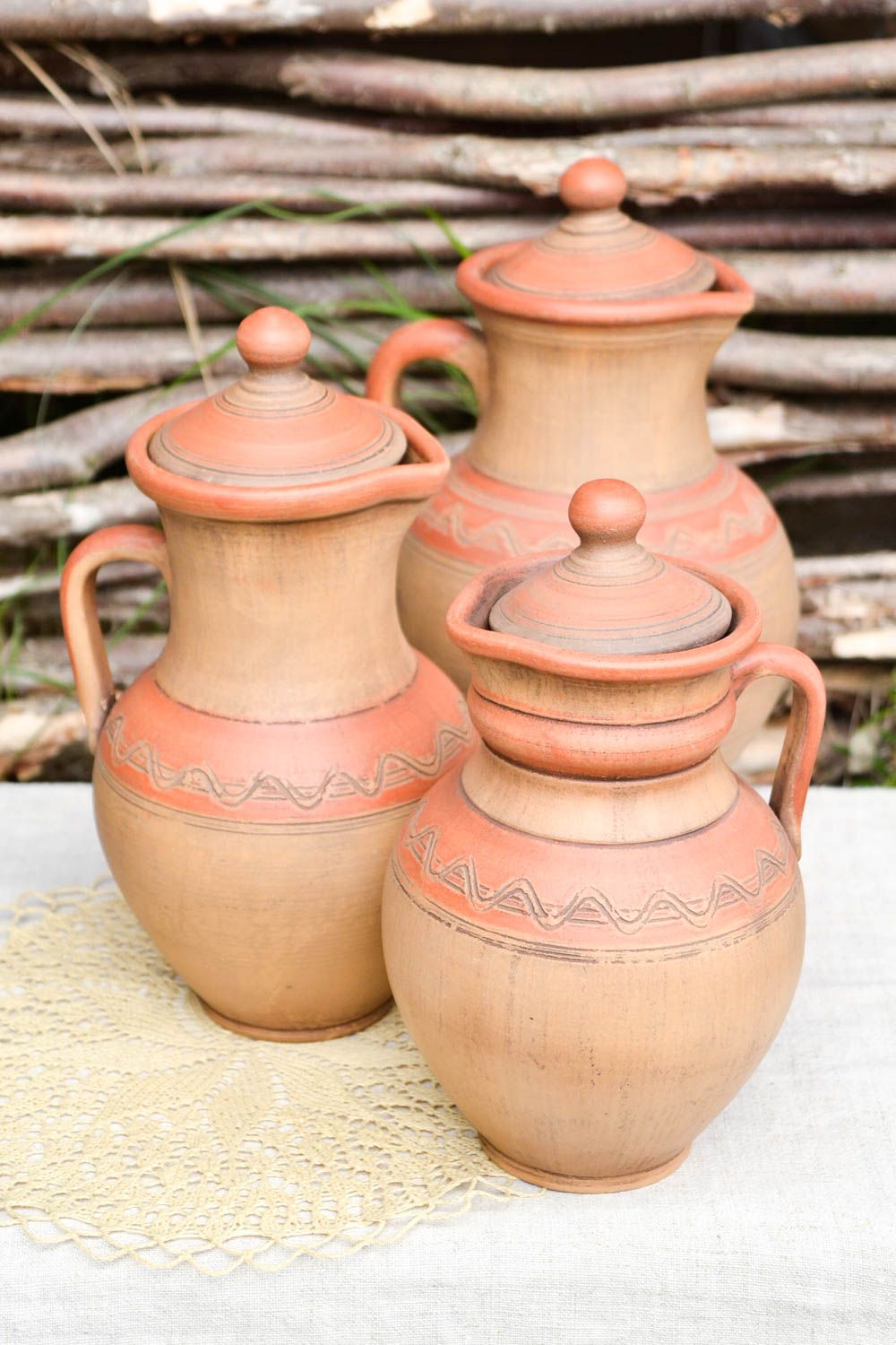 Set of three clay glazed wine milk juice jugs with lids and handles gift home pottery photo 1
