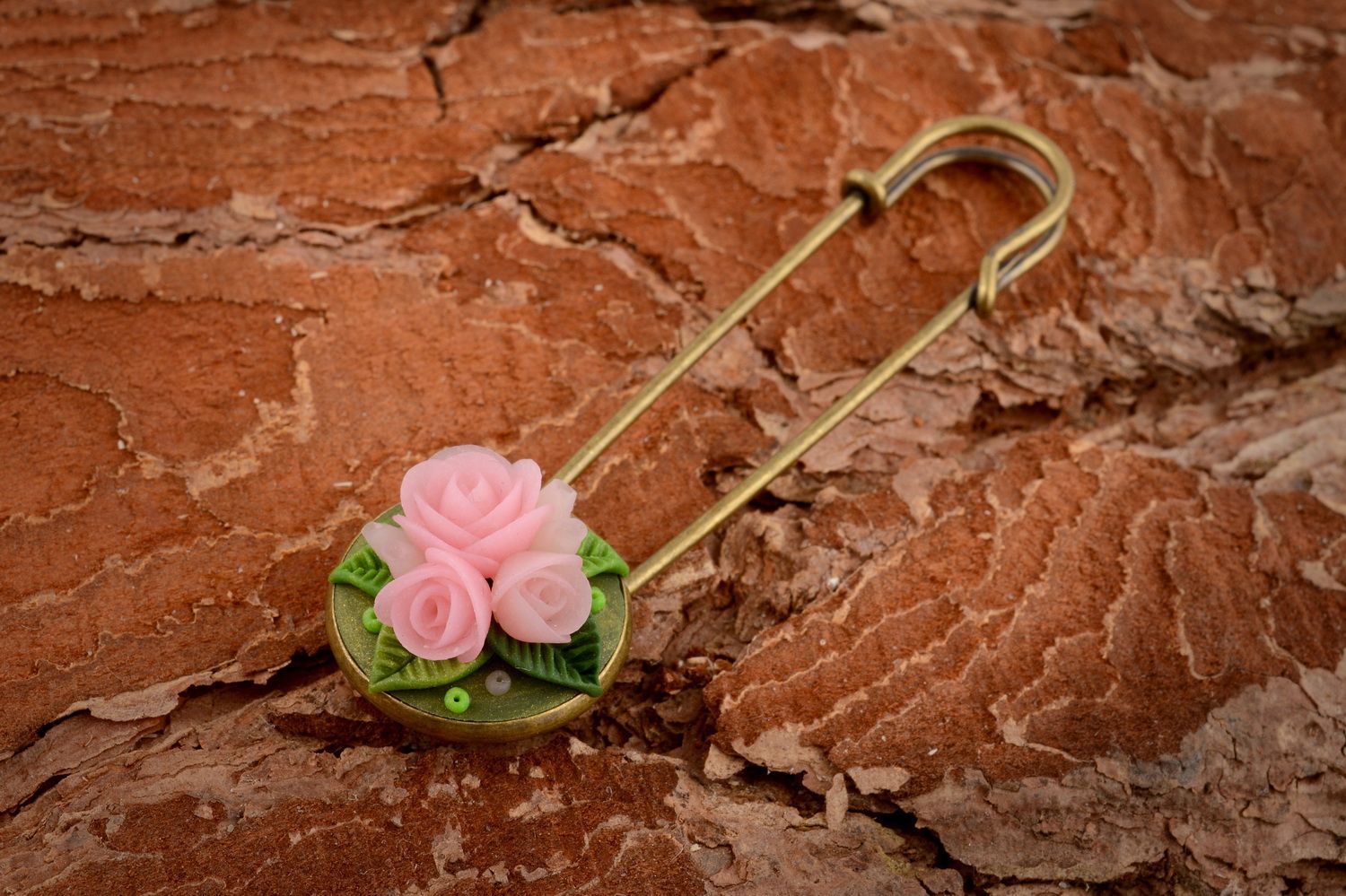 Handmade cute pink brooch pin made of metal with flower of polymer clay  photo 1