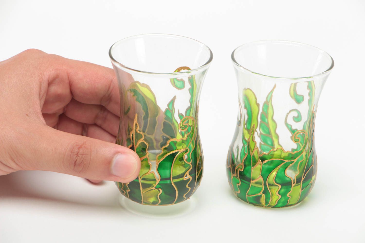 Ensemble de petits verres en verre peints à motif vert faits main 10 cl 2 pièces photo 5