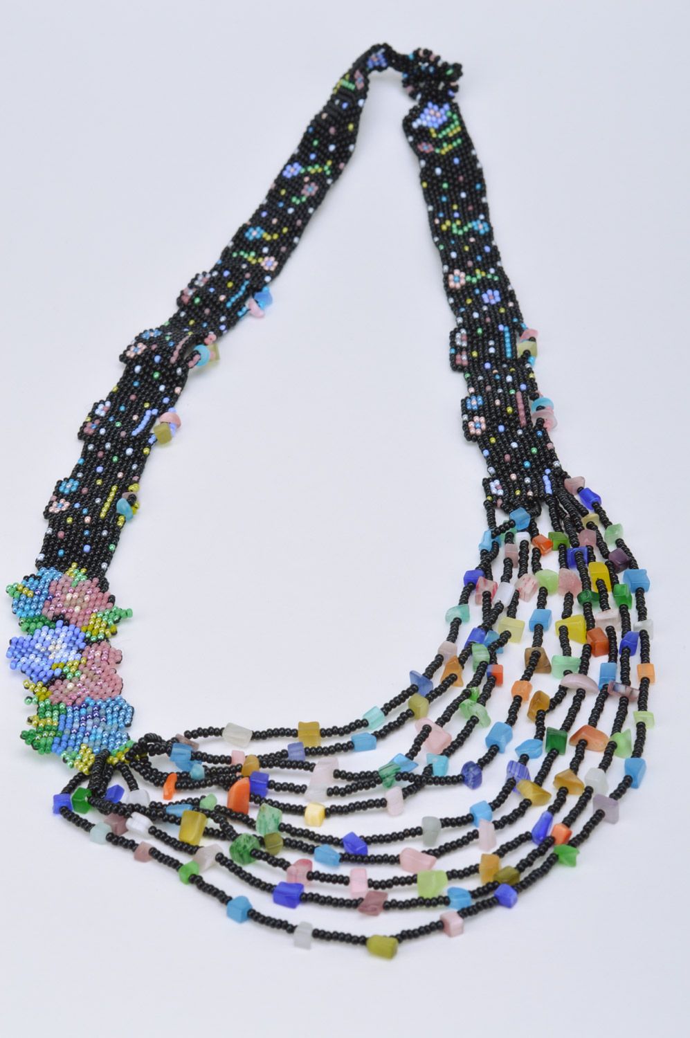 Handmade multi row necklace woven of colorful Czech beads and cat's eye stone photo 2