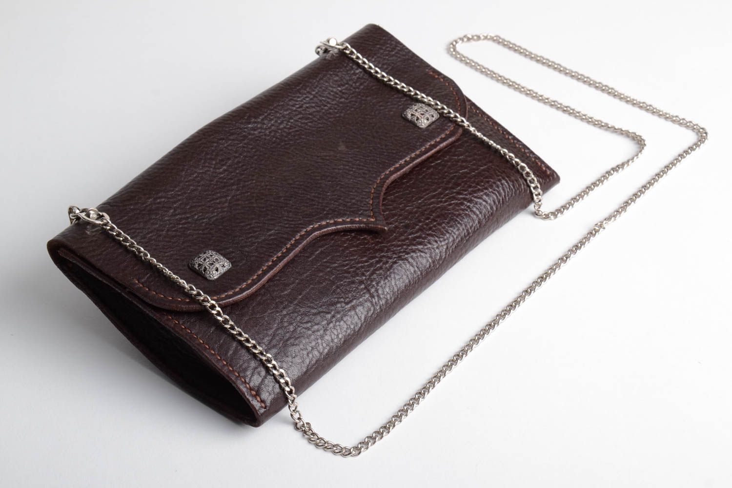 Beautiful brown handmade genuine leather clutch bag with chain designer photo 1