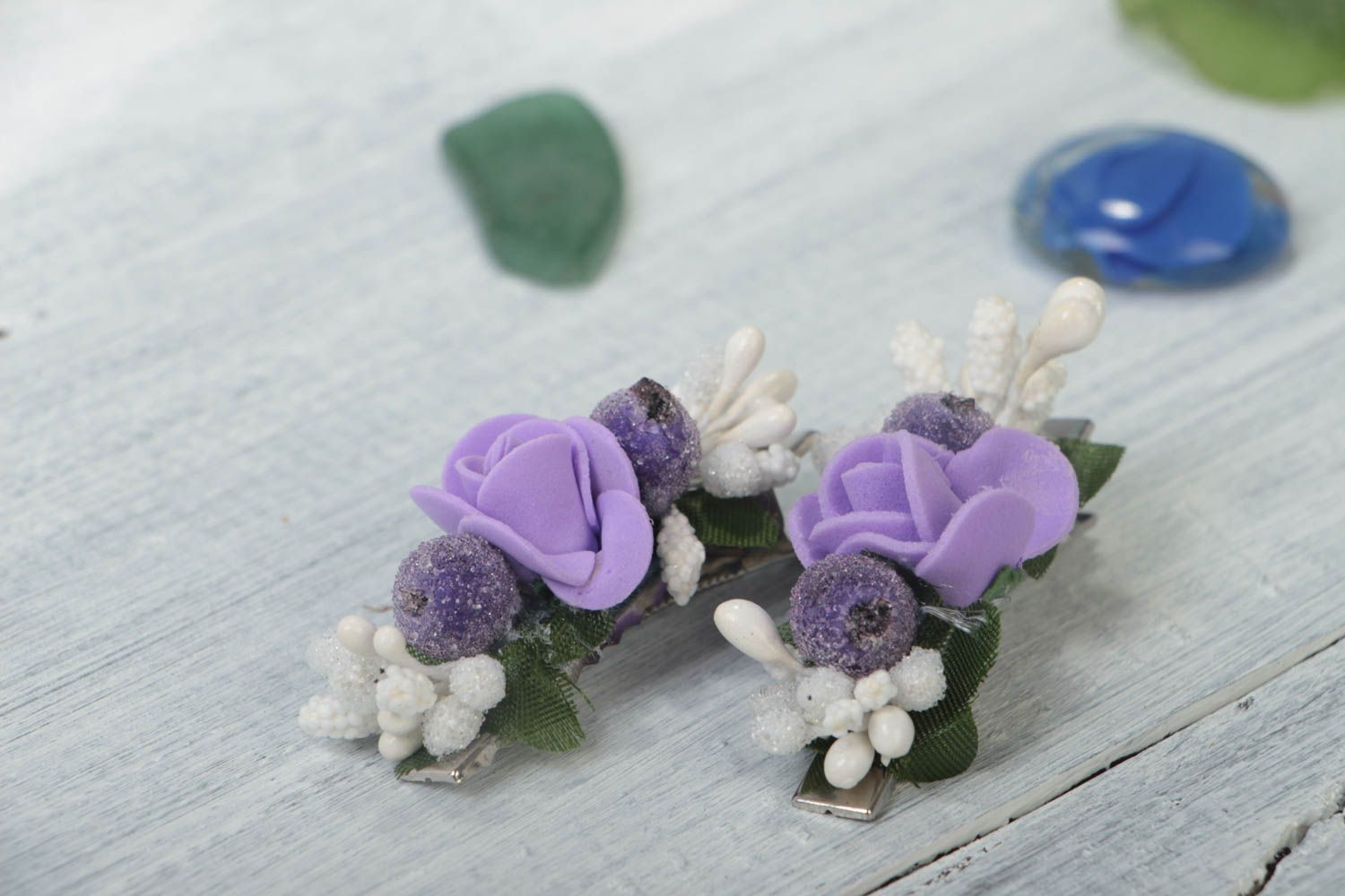 Handmade flower hair clips set of unusual accessories cute jewelry 2 pieces photo 1