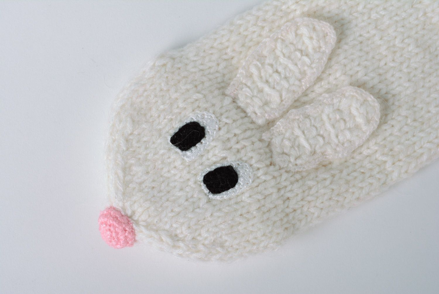 Cute handmade hand puppet knitted of acrylic and woolen threads white rabbit photo 3
