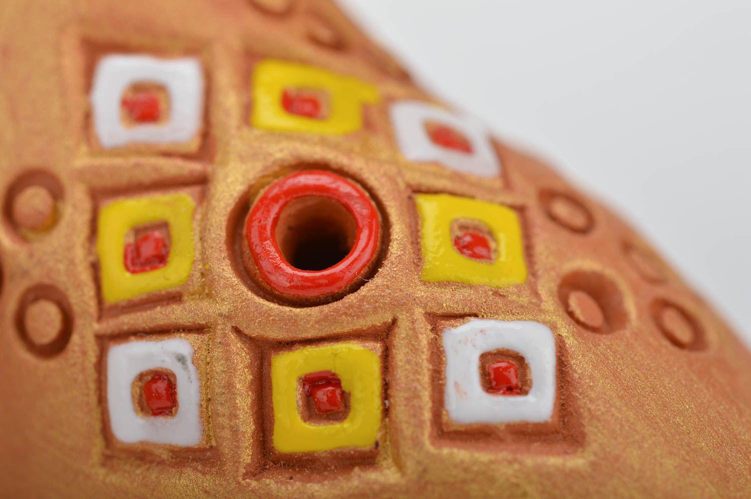 Goldish handmade painted unusual beautiful folk toy whistle made of clay photo 4