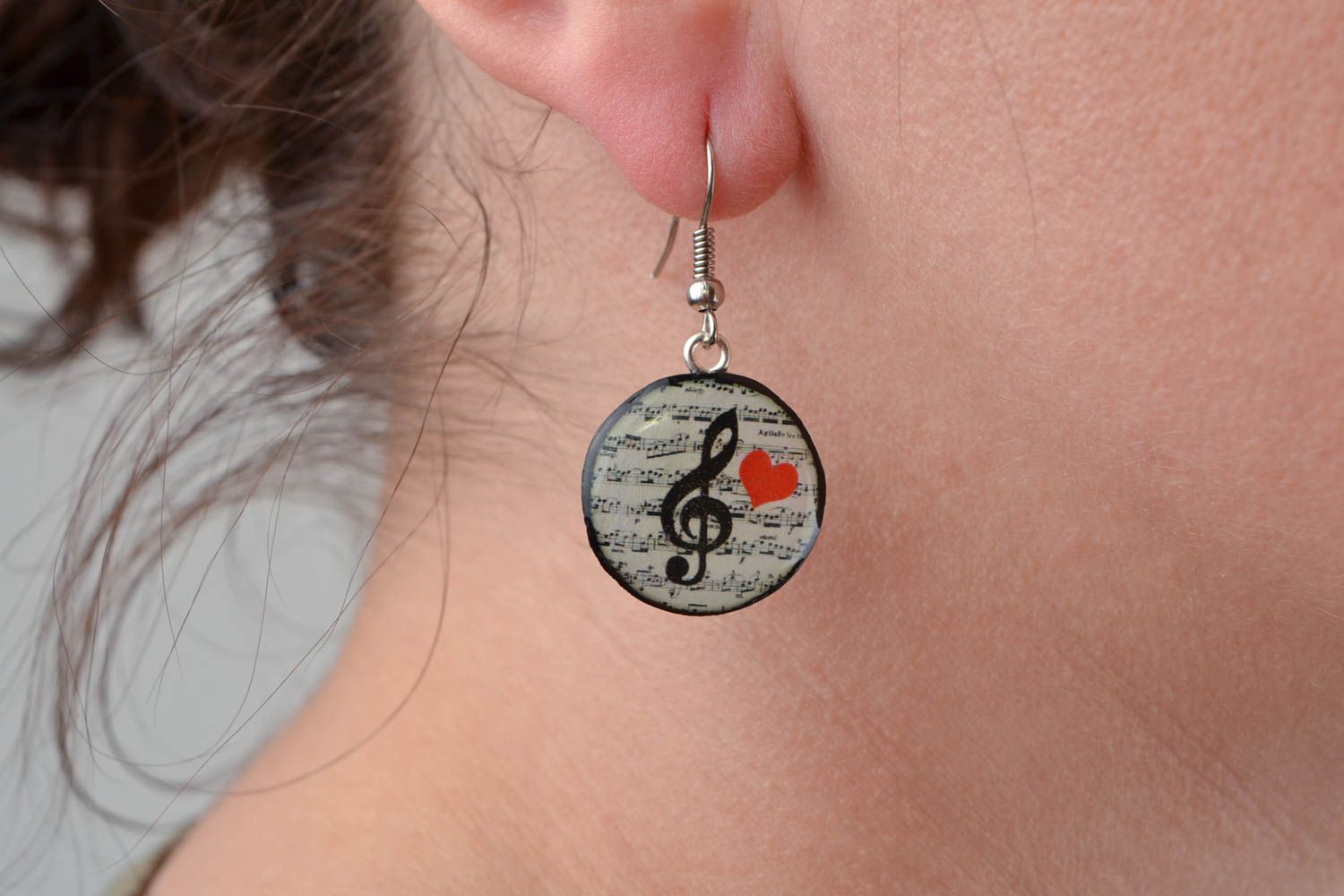 Beautiful handmade design round plastic earrings with decoupage black and white photo 2
