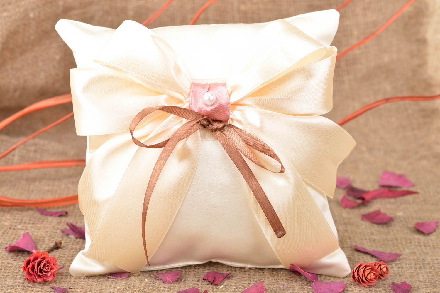 Wedding ring pillow handmade satin cushion for rings wedding accessories photo 1