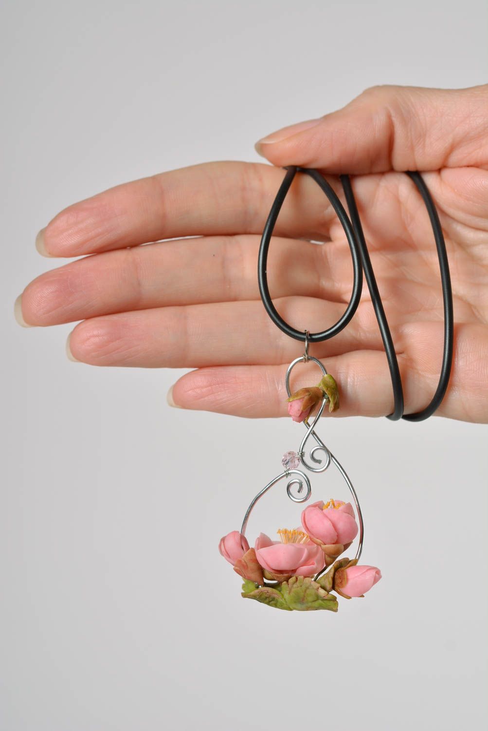 Beautiful handmade designer polymer clay flower pendant on rubber cord photo 2