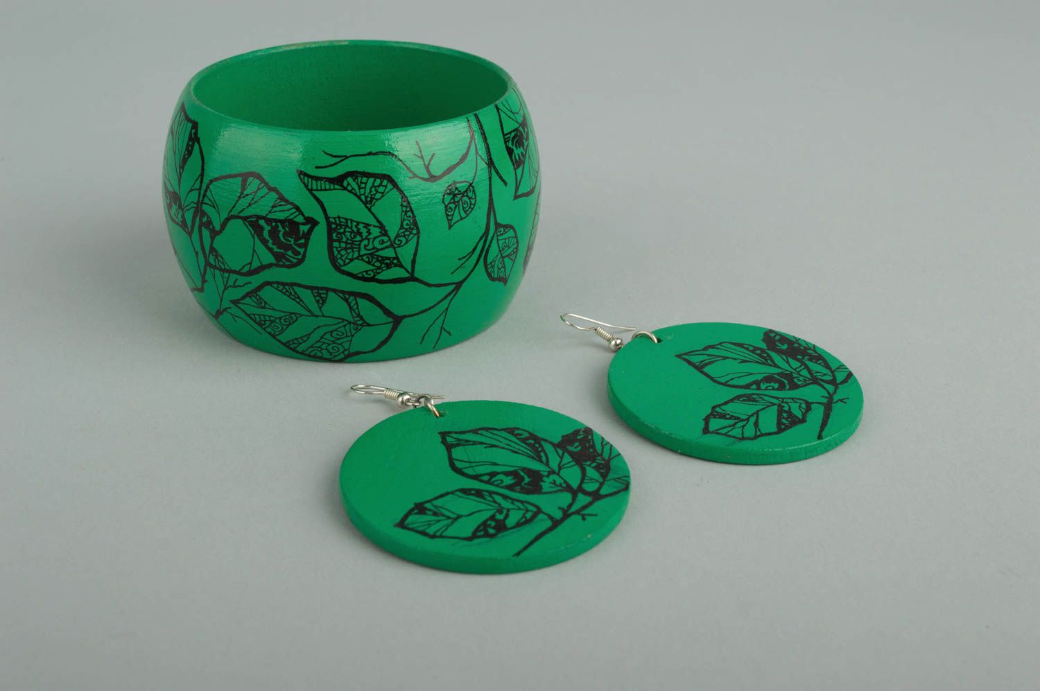 Деревянные украшения ручной работы модные серьги женский браслет зеленые фото 2