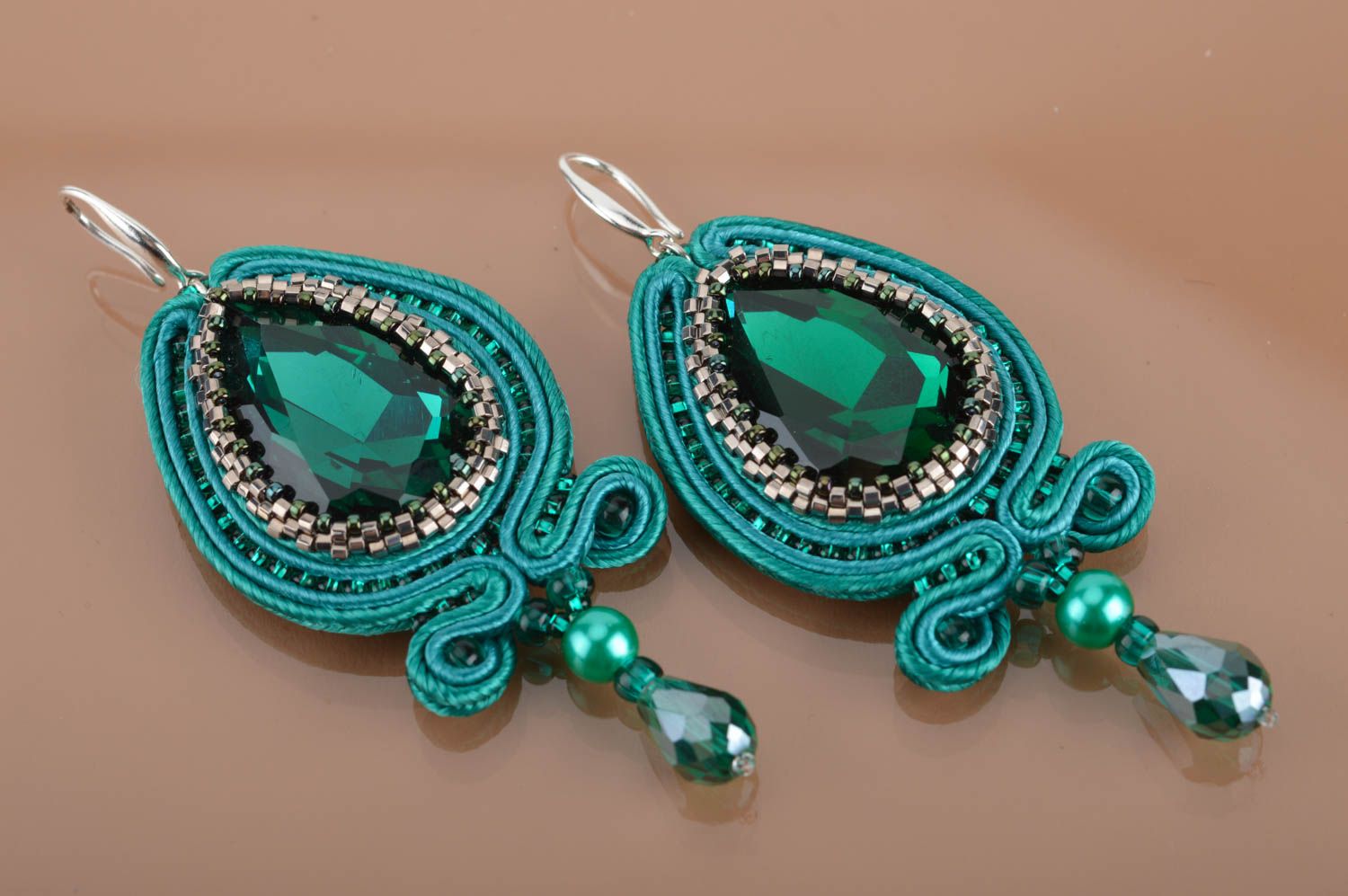 Emerald massive long earrings created manualy using soutache technique  photo 2