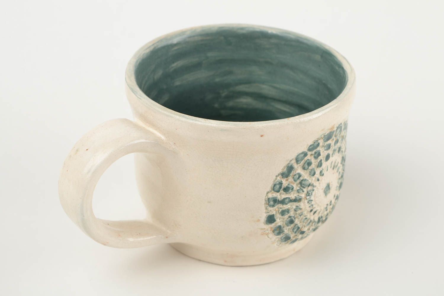 Art clay glazed 8 oz drinking cup in white and green colors with handle and dot-sun pattern photo 3