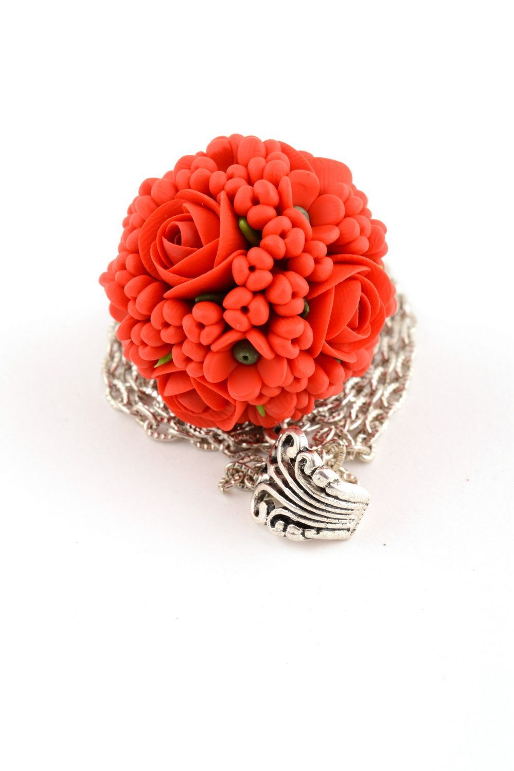 Handmade pendant made of polymer clay on chain in shape of bouquet of red roses photo 4