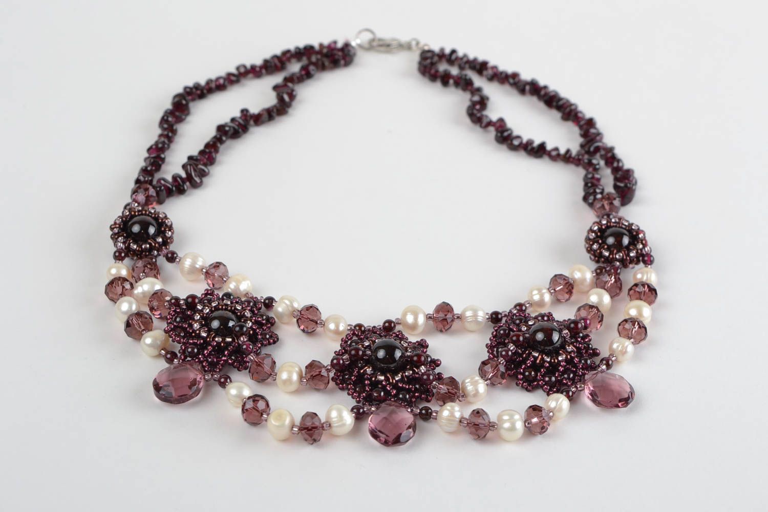 Handmade dark woven volume beaded women's designer necklace with natural stones photo 3