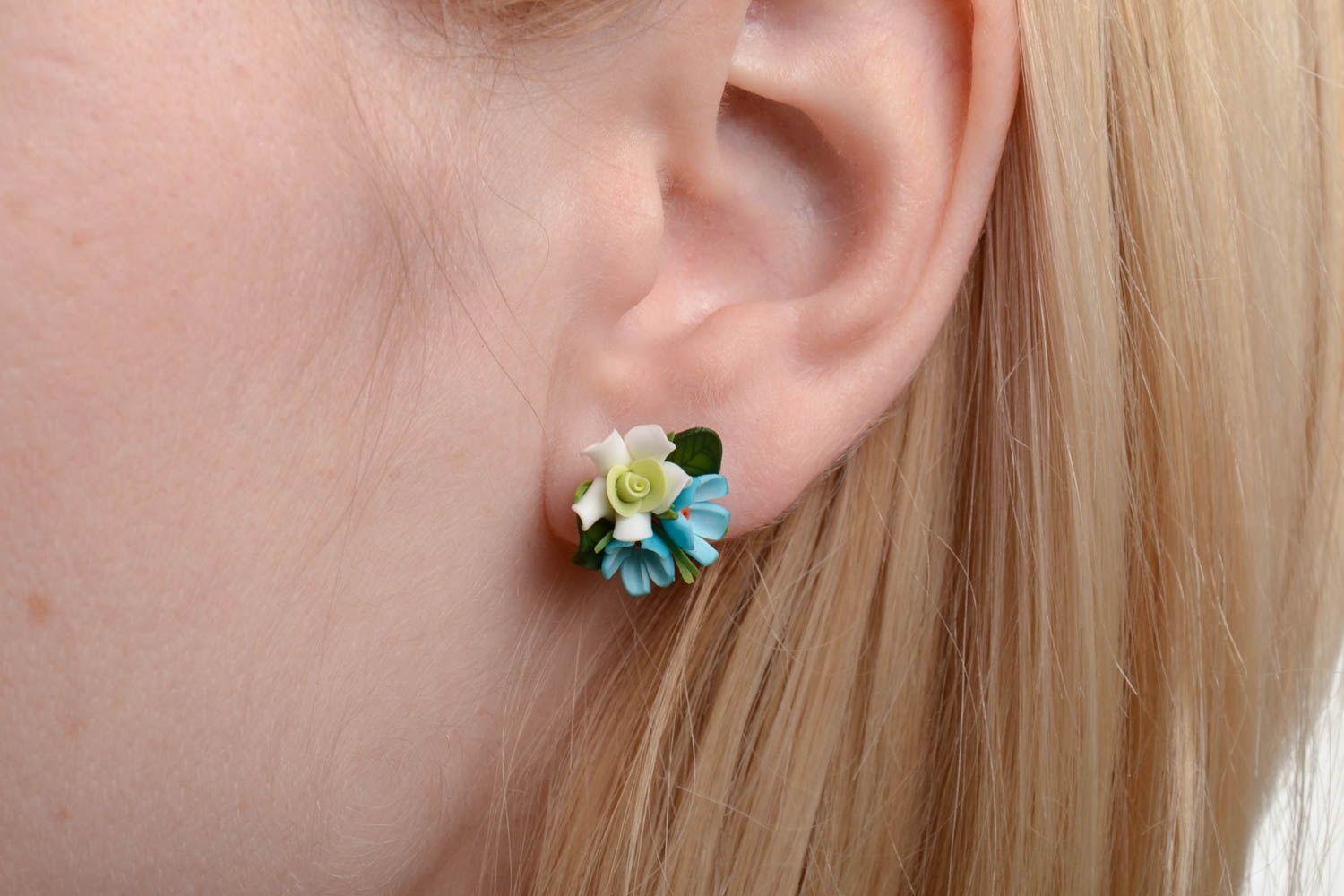 Handmade small tender stud earrings with blue polymer clay flower bouquets photo 1