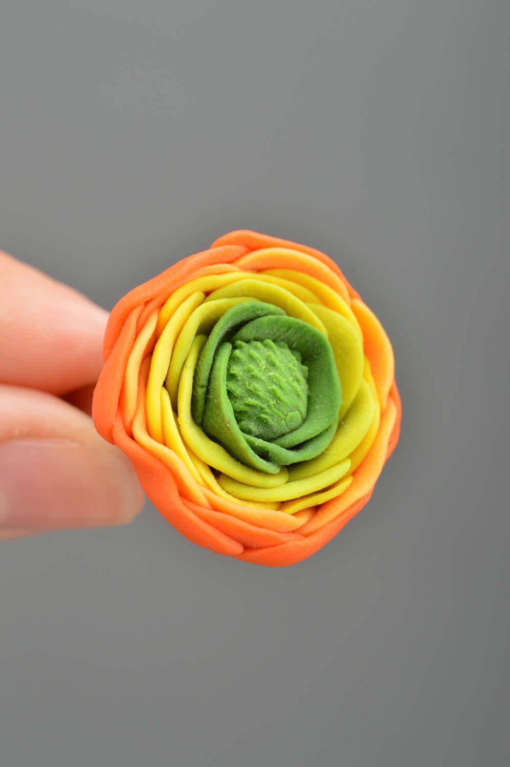 Handmade unique colorful ring made of polymer clay in form of an orange peony photo 2