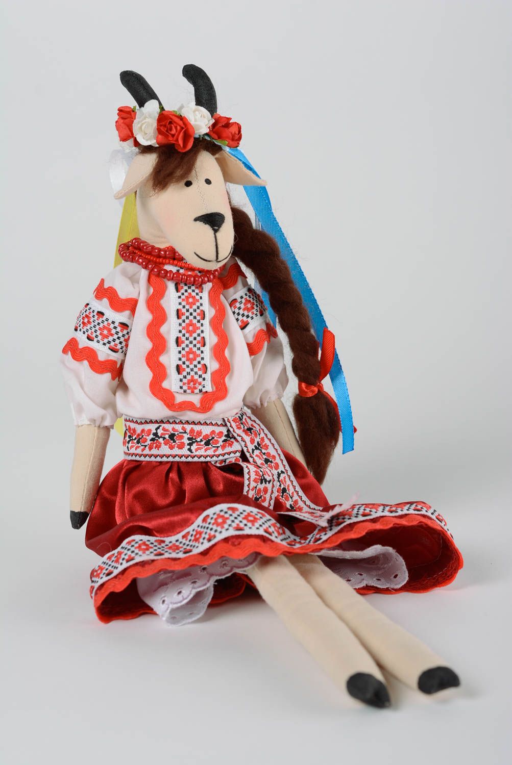 Handmade cotton fabric soft doll cute goat in traditional Ukrainian costume  photo 1