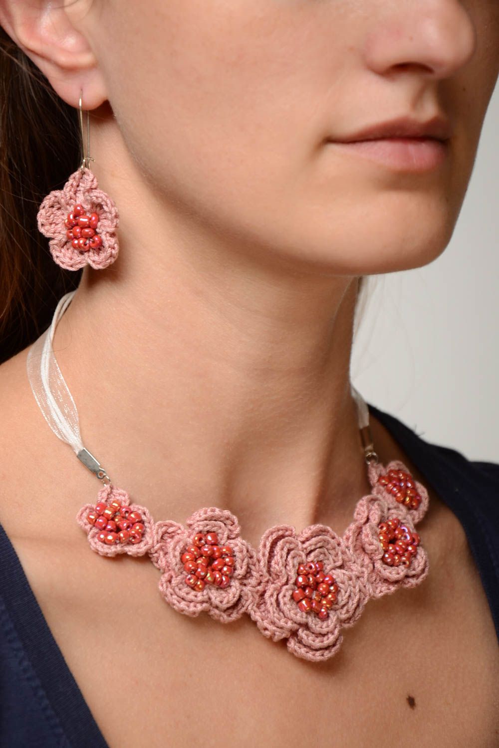 Set of handmade floral crocheted jewelry earrings and necklace in pastel colors photo 1