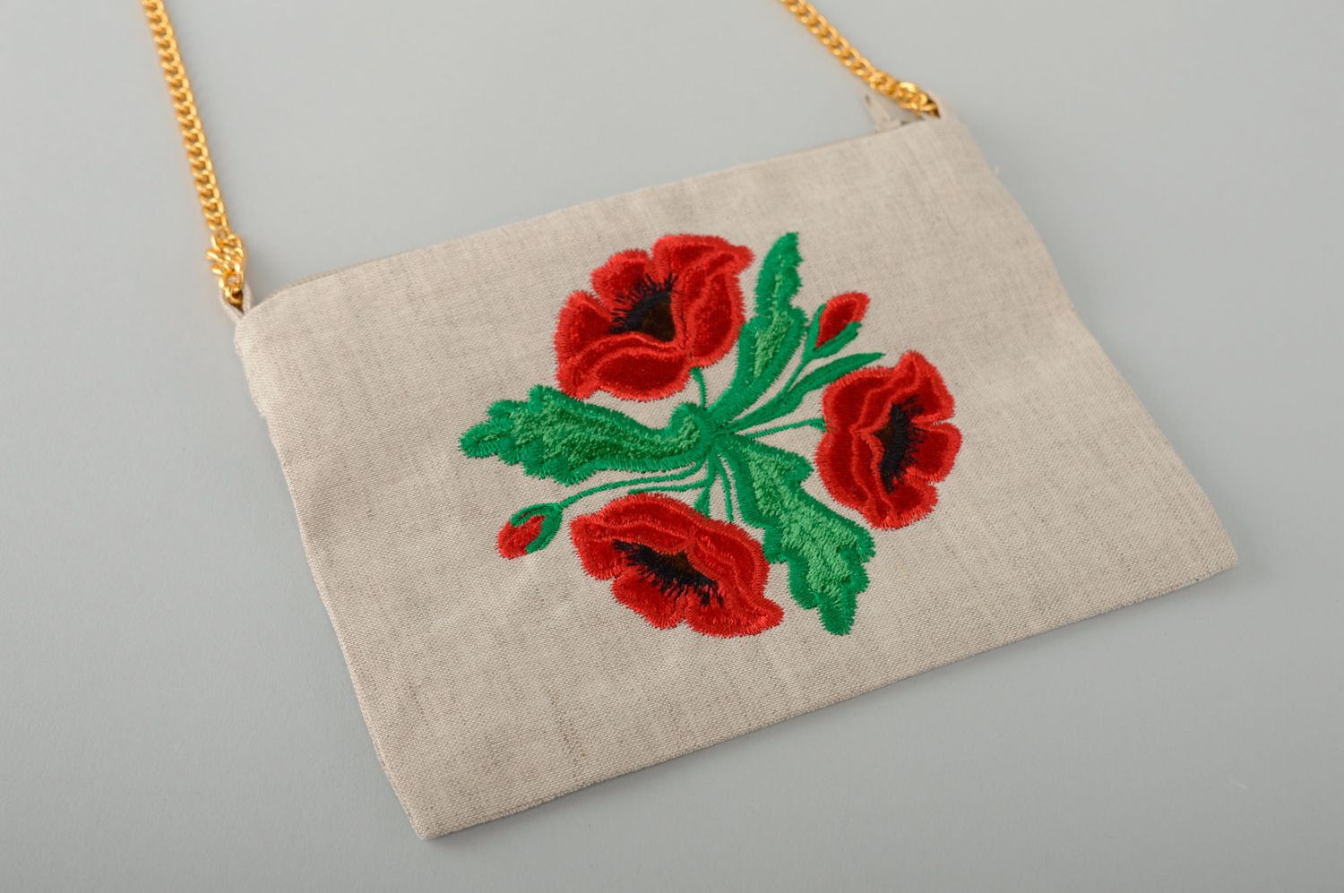 Handmade linen clutch bag with embroidery and applique work Poppies photo 1