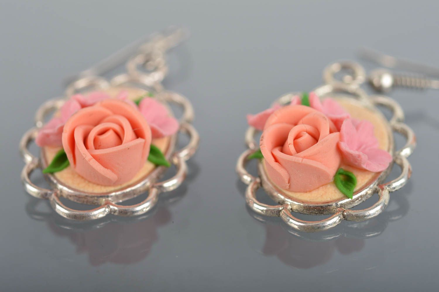 Oval earrings with charms made of polymer clay in the form of flowers hand made photo 2