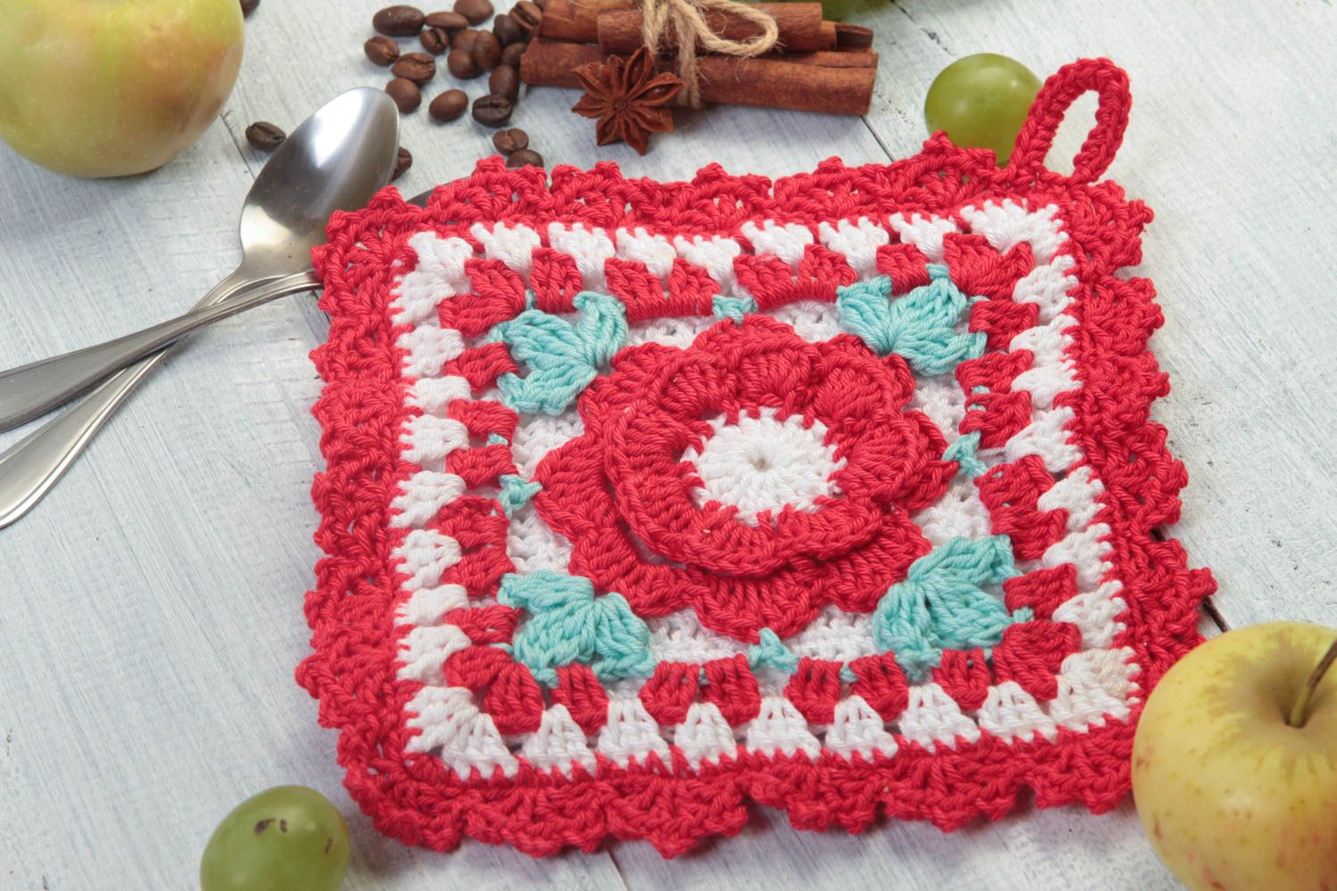 Handmade roter Topflappen gehäkelt Küchen Textilien Haus Deko mit Blume foto 1