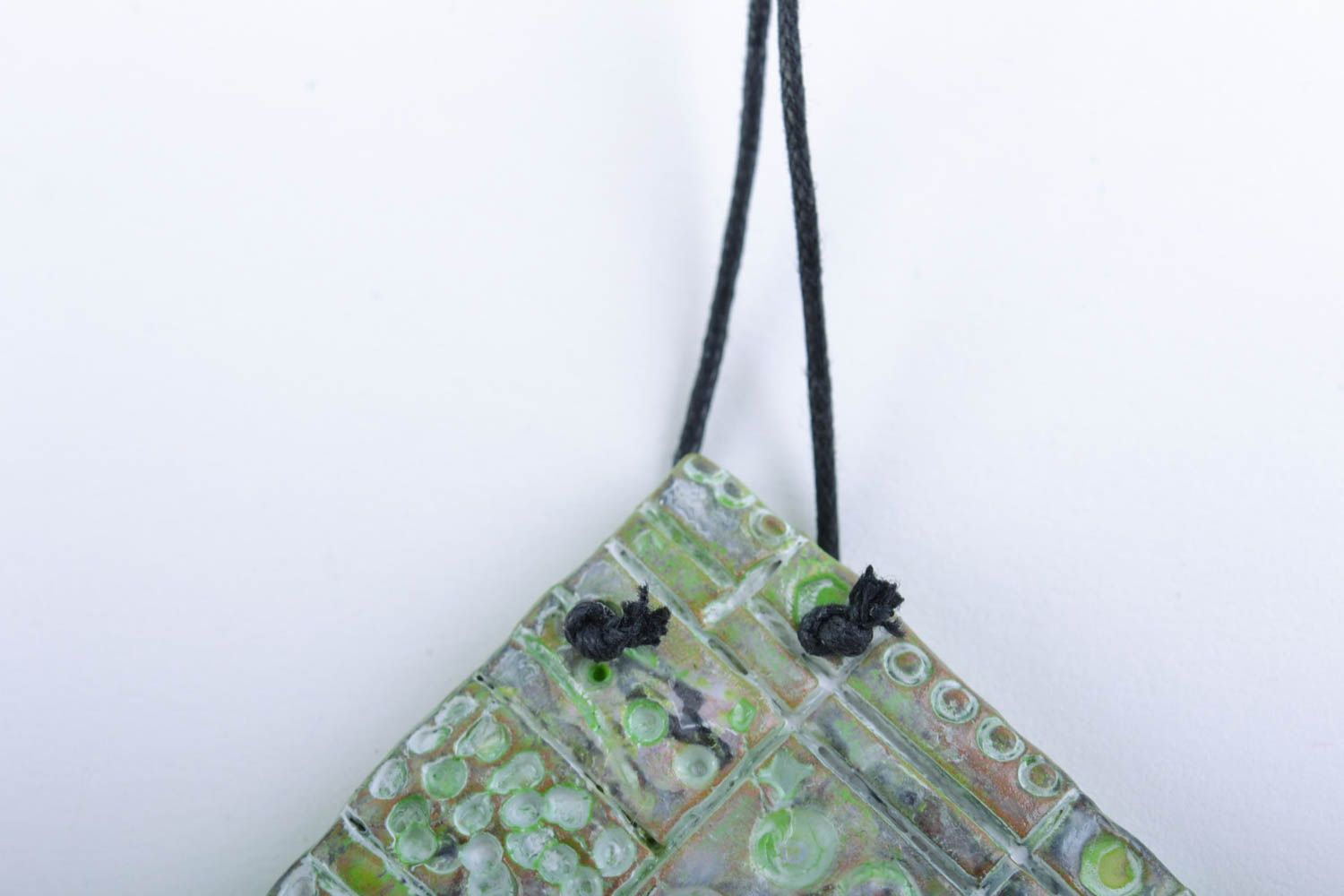 Ceramic designer handmade square pendant on long cord with acrylic paintings  photo 3