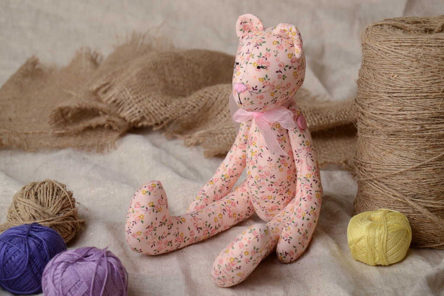 Handmade designer soft toy sewn of tender pink floral cotton fabric bear photo 1