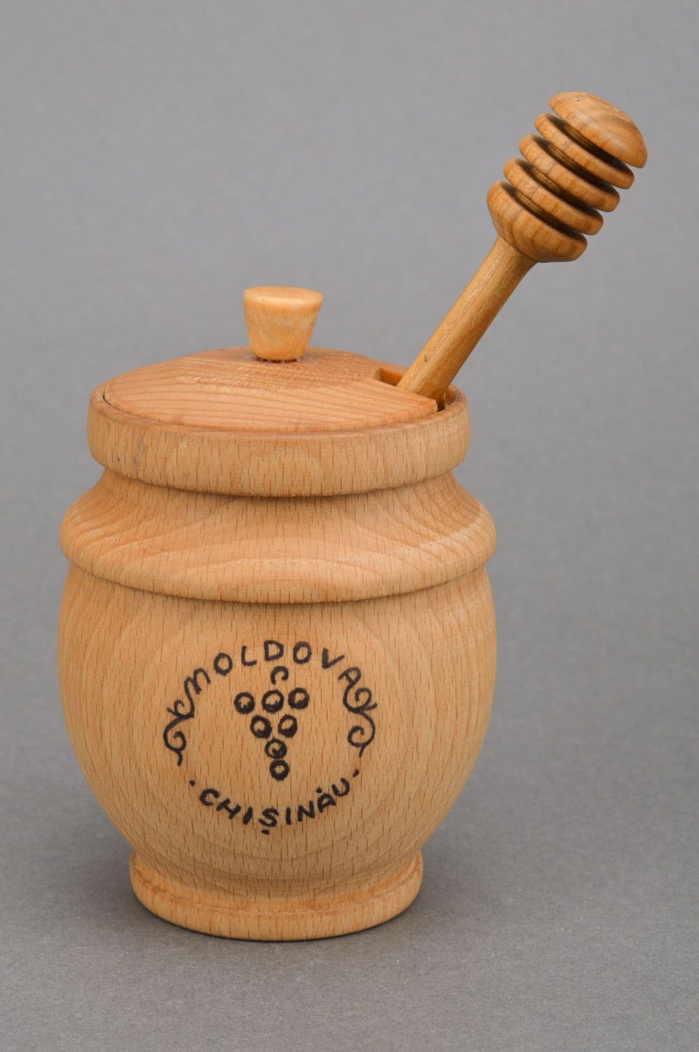 Beautiful convenient handmade carved wooden honey pot with spoon photo 5
