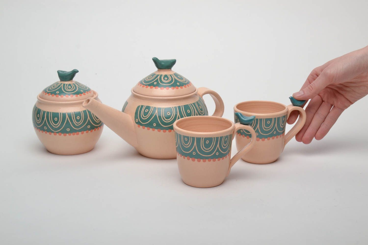 Keramik Geschirr Set Zuckerdose Teekanne und zwei Tassen foto 5
