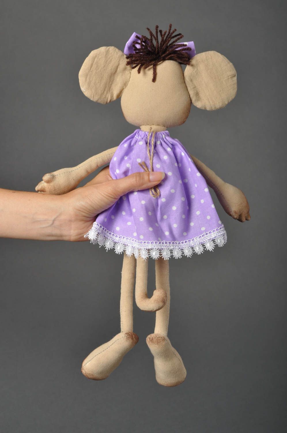 Jouet singe en robe mauve Peluche faite main textile Cadeau pour fille photo 5