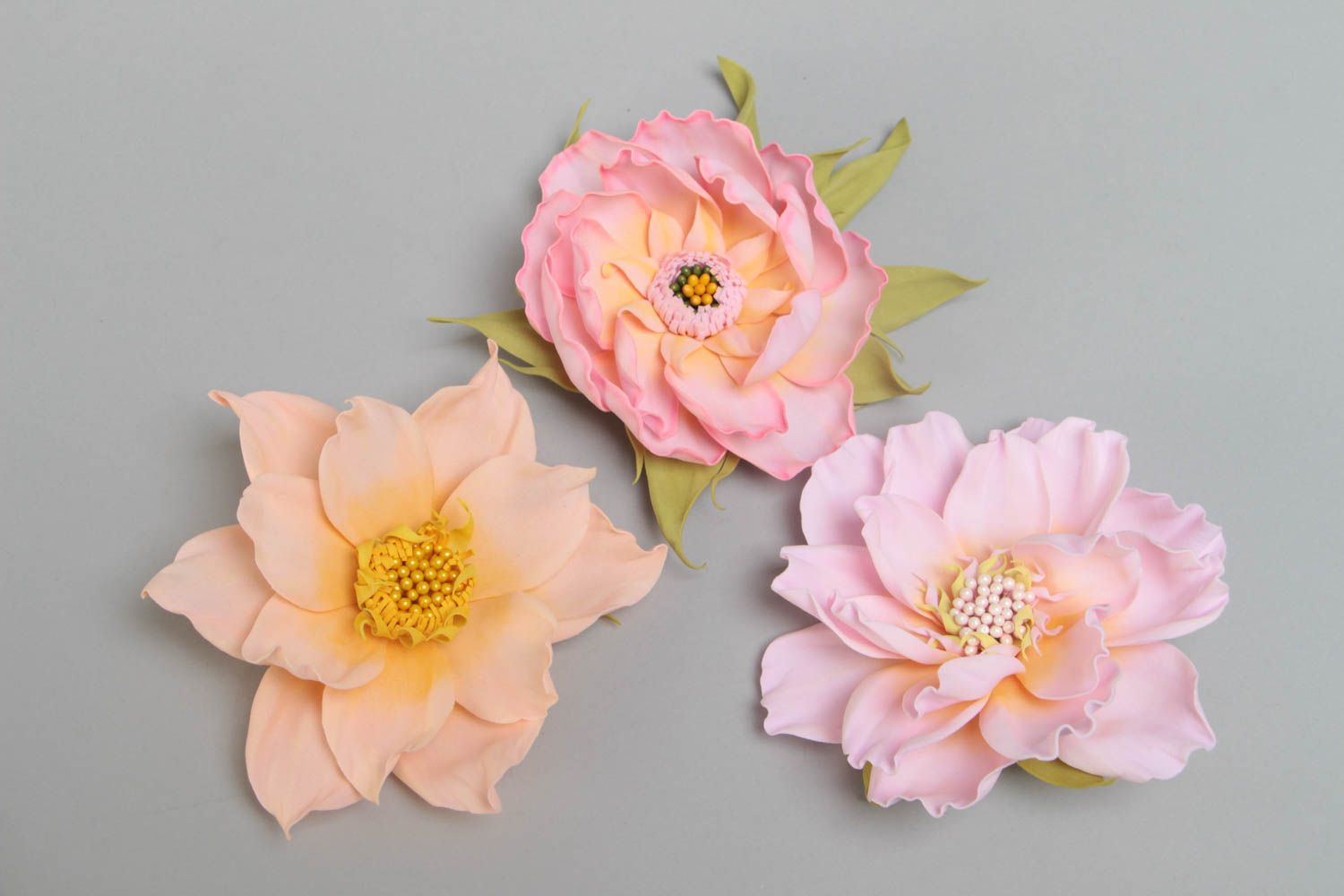 Set of 3 handmade decorative hair clips brooches with tender foamiran flowers photo 2
