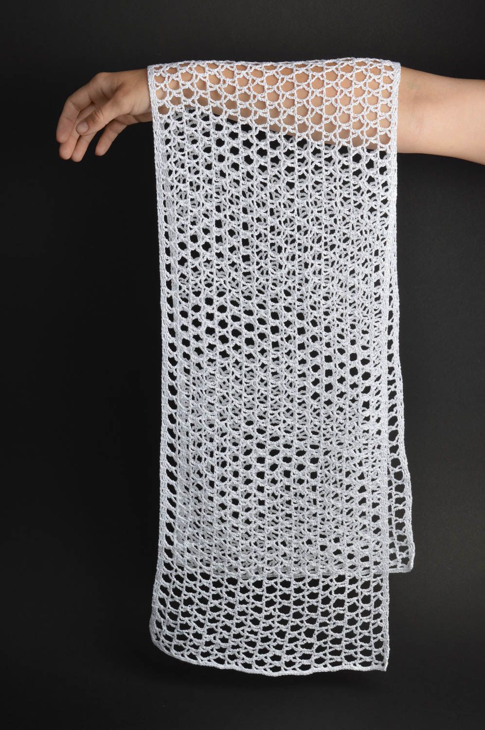 Delicate handmade rectangular white doily crocheted of cotton yarns photo 4