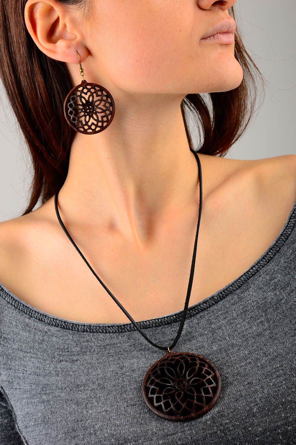 Designer accessories handmade jewelry set wood earrings wood pendant necklace photo 1