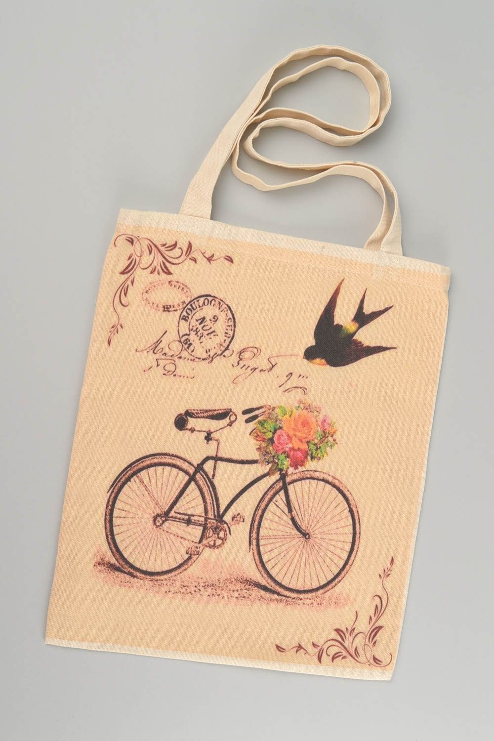 Handmade stylish designer textile eco bag with romantic print and two handles  photo 2