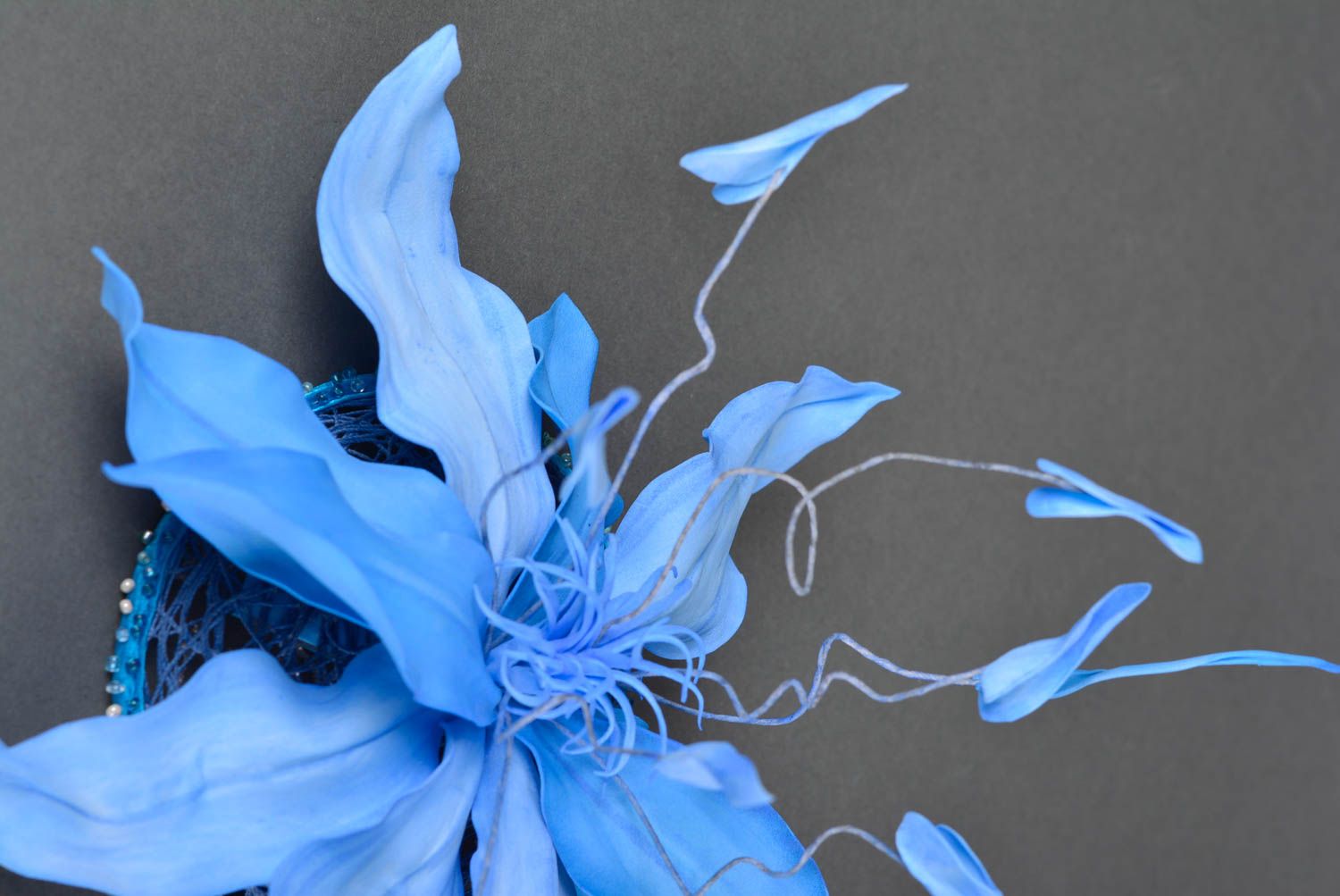 Unusual stylish handmade designer hair clip with blue foamiran flower photo 4