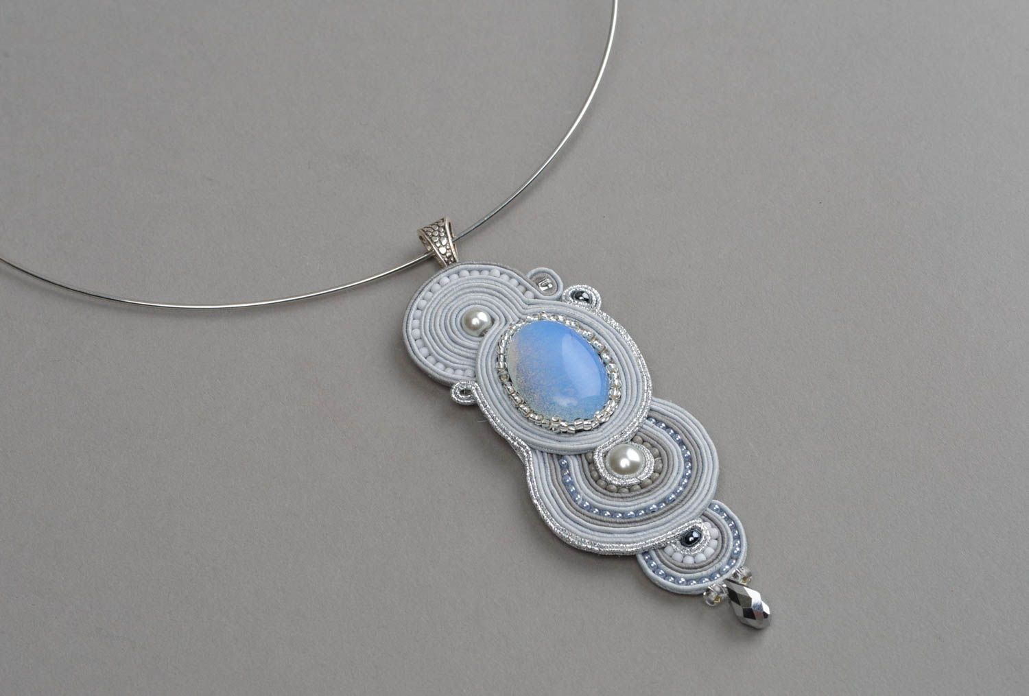 Soutache pendant with moonstone handmade accessory soutache jewelry for women photo 3