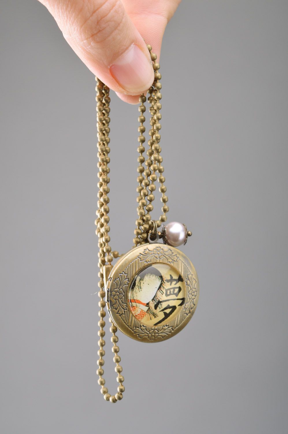 Handmade metal round pendant locket on long chain in Japanese style  photo 3