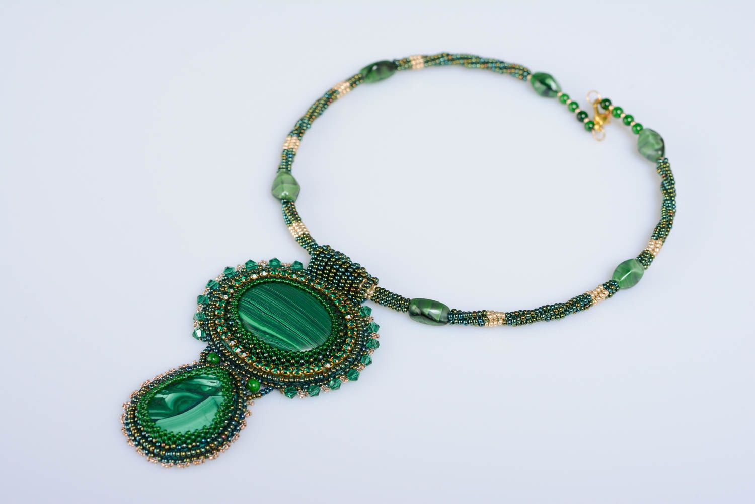 Handmade festive green bead embroidered pendant necklace with malachite stone photo 1