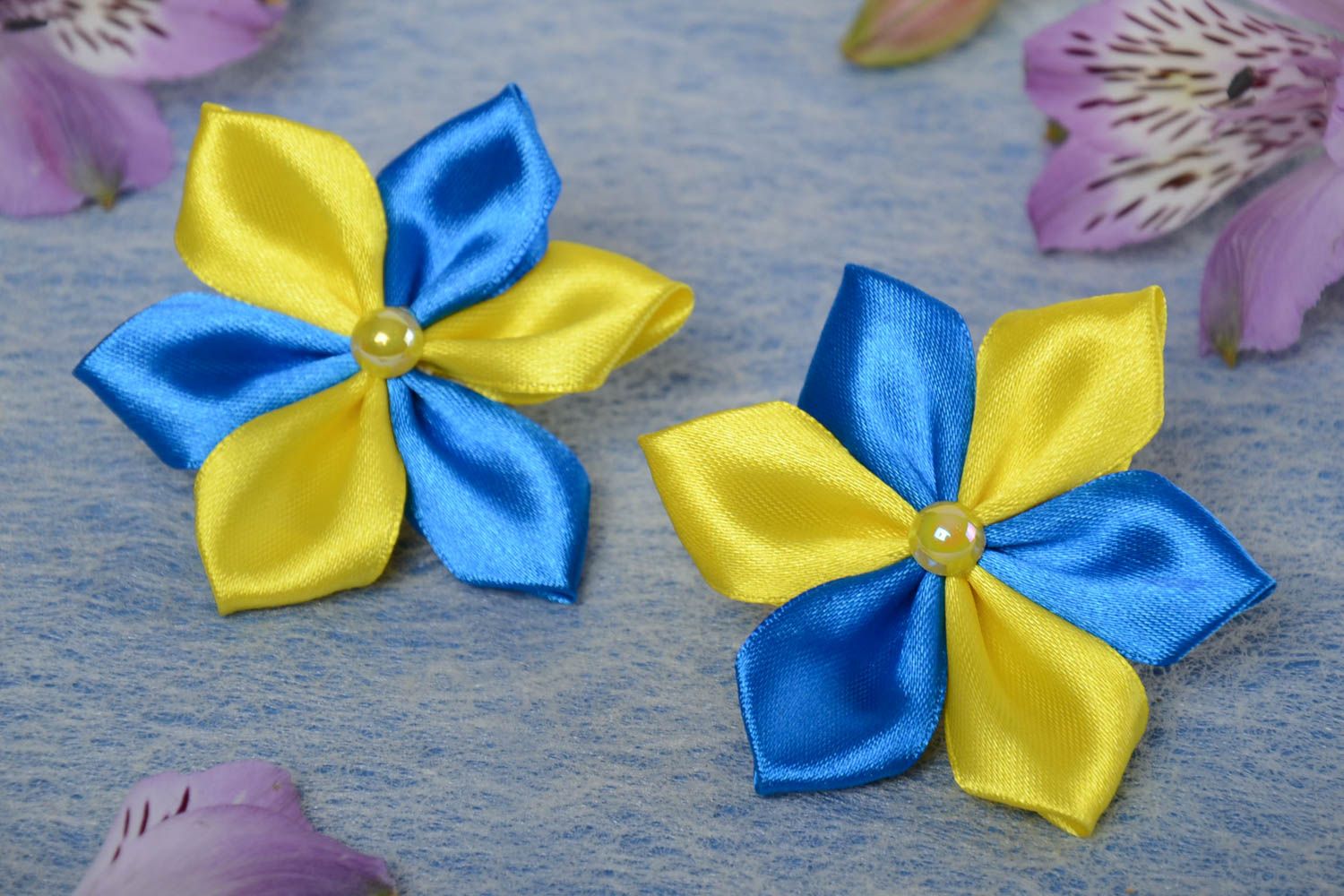 Children's handmade textile kanzashi hair ties set 2 pieces yellow and blue photo 1