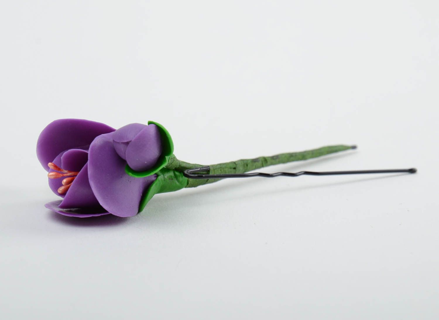 Handmade tender decorative hair pin with cold porcelain violet flower  photo 4