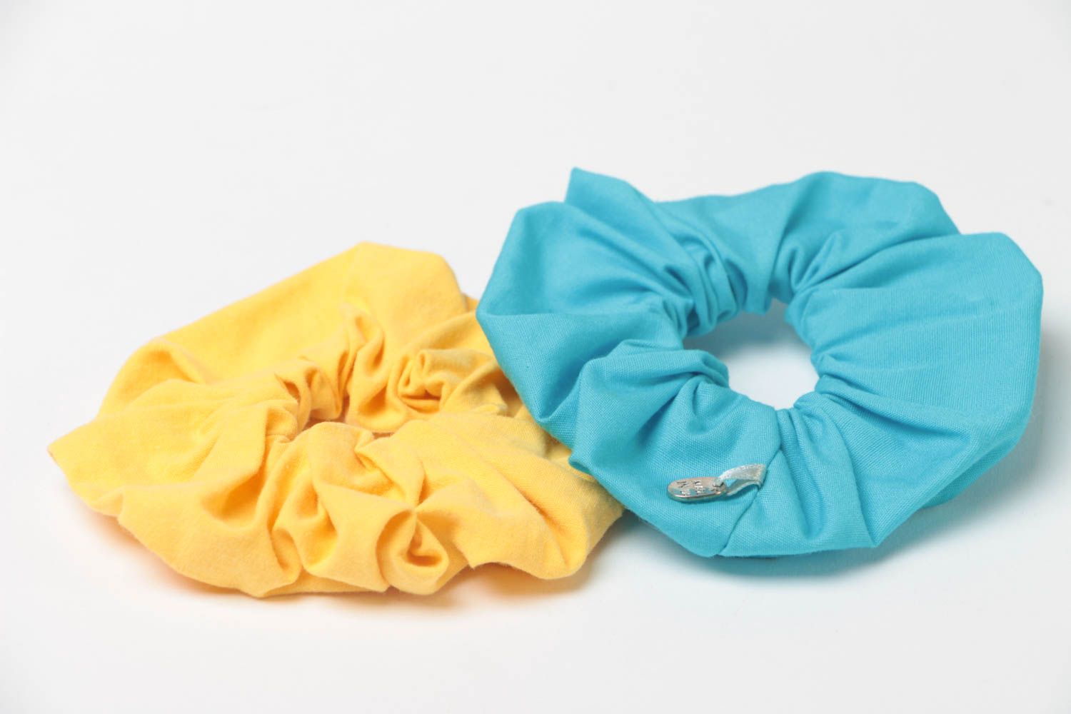 Chouchous à cheveux en tissu de coton faits main 2 pièces jaune et bleu clair  photo 3