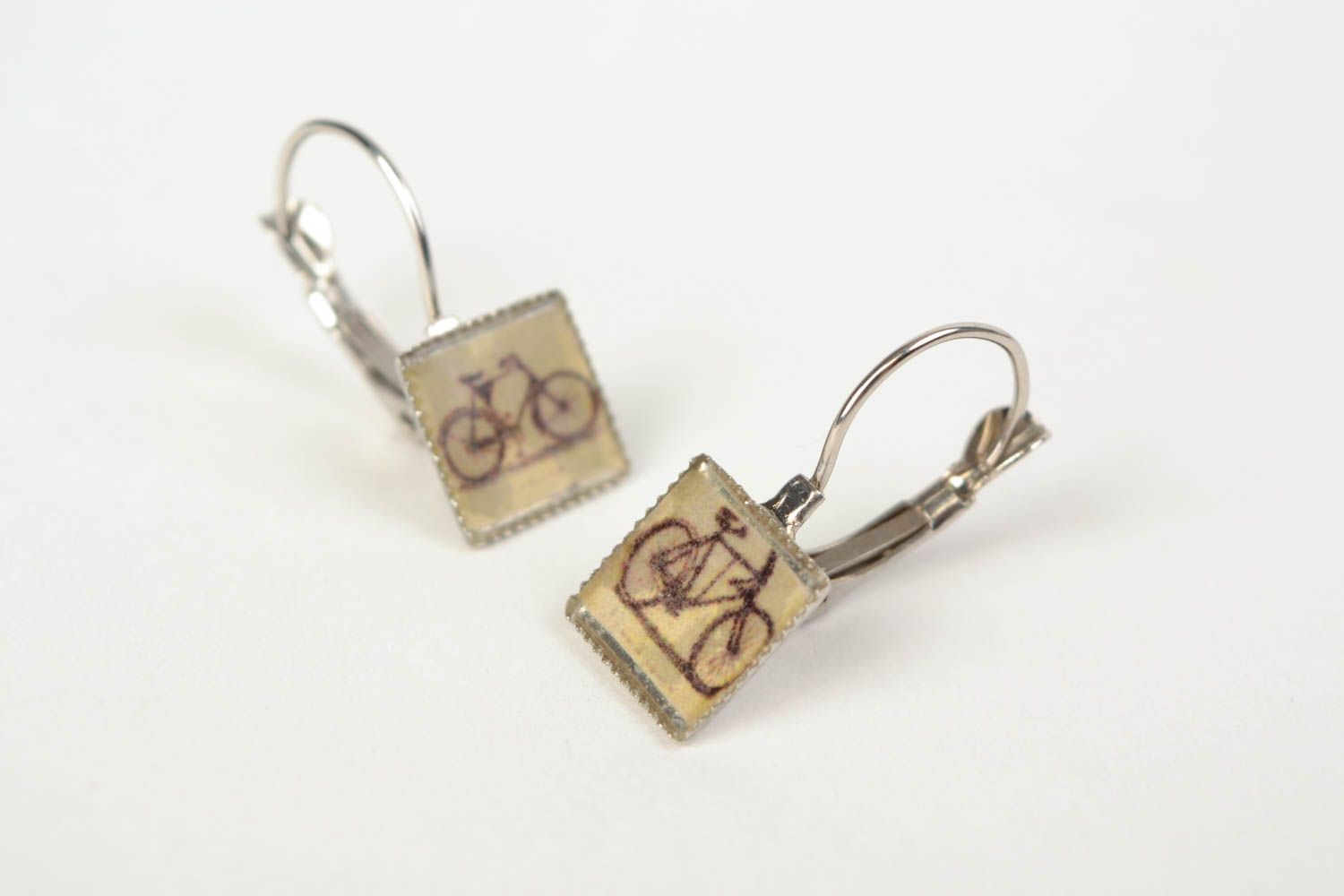 Handmade decoupage jewelry resin earrings with print Bicycles photo 4