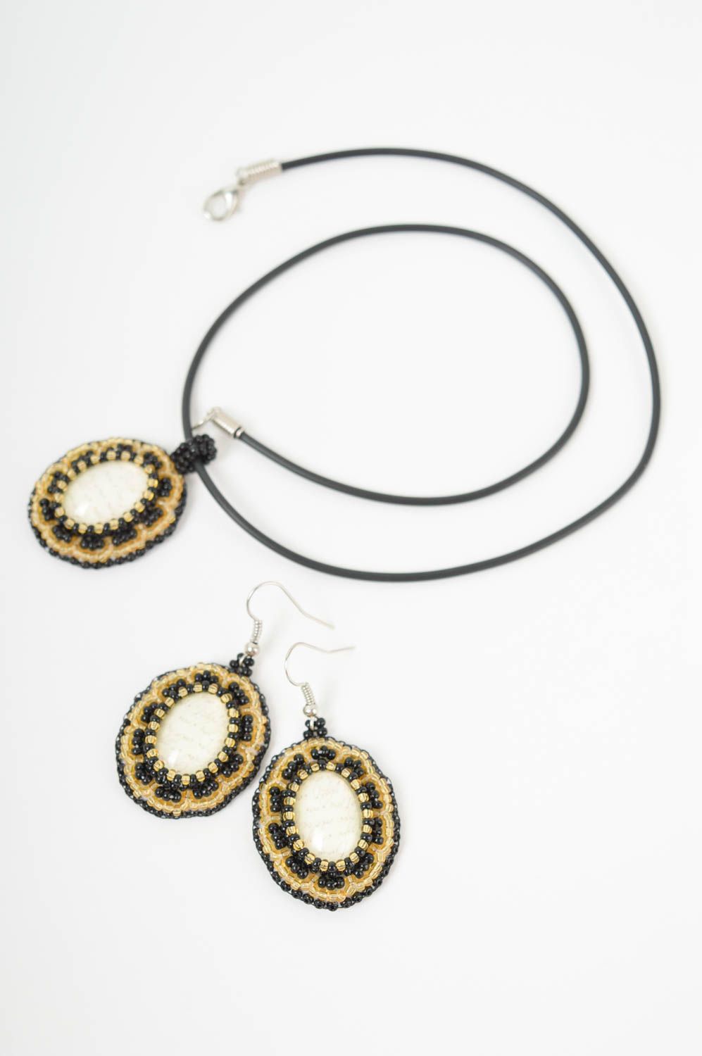 Beautiful handmade cabochon earrings pendant necklace metal jewelry set photo 4