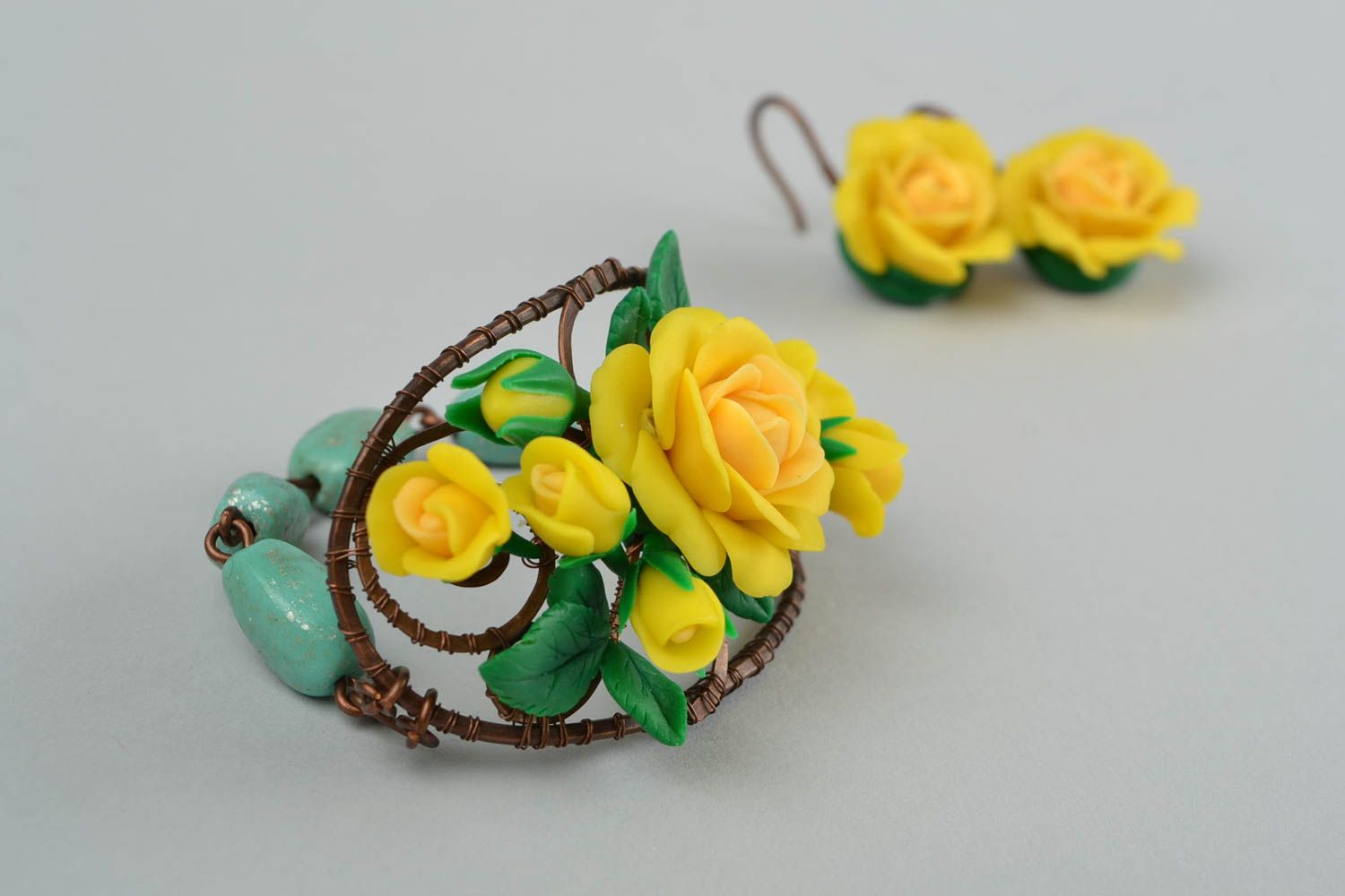 Homemade charm jewelry set yellow roses flower cuff bracelet and earrings for women and girls photo 5
