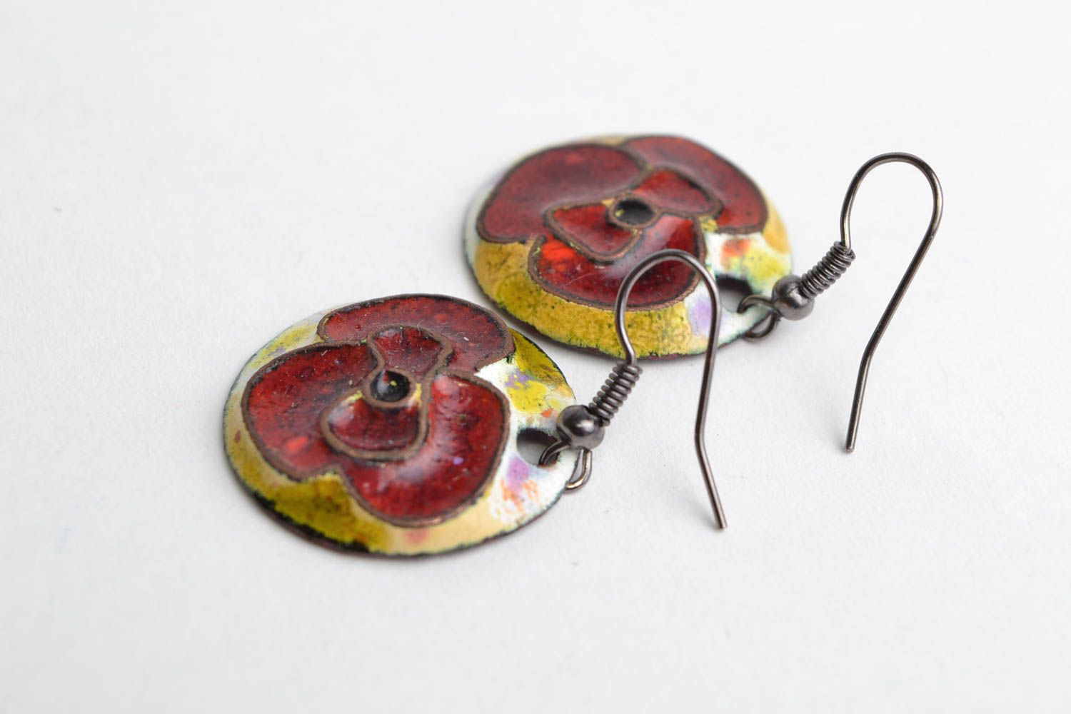 Handmade round copper earrings painted with colorful enamels red poppy flowers photo 4