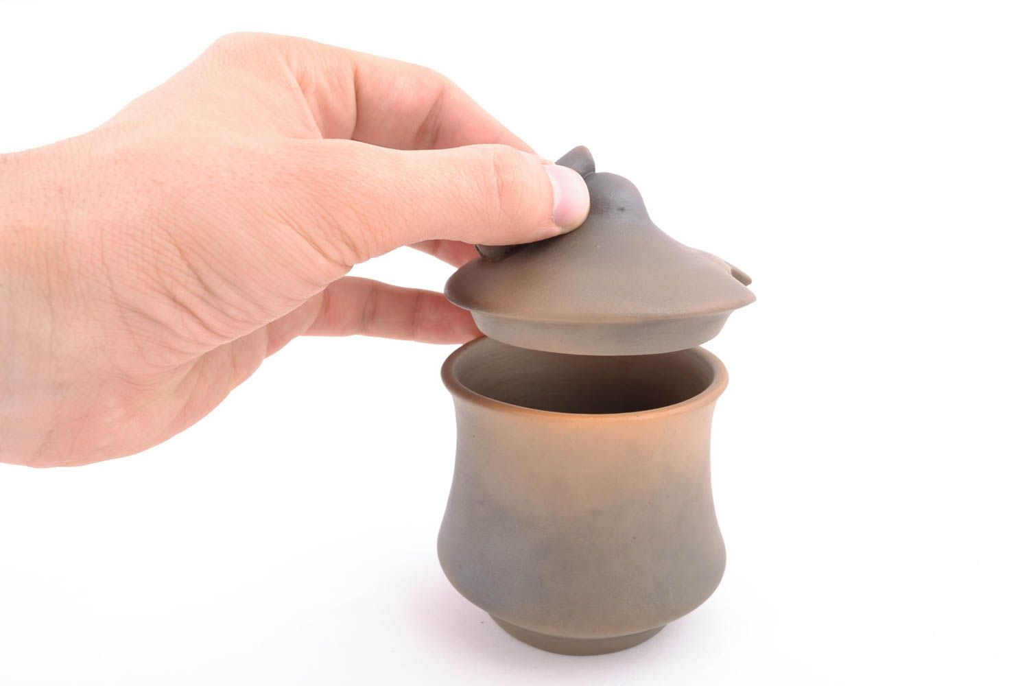 Joli pot à sucre en céramique avec couvercle fait main 20 cl marron style ethnique photo 3