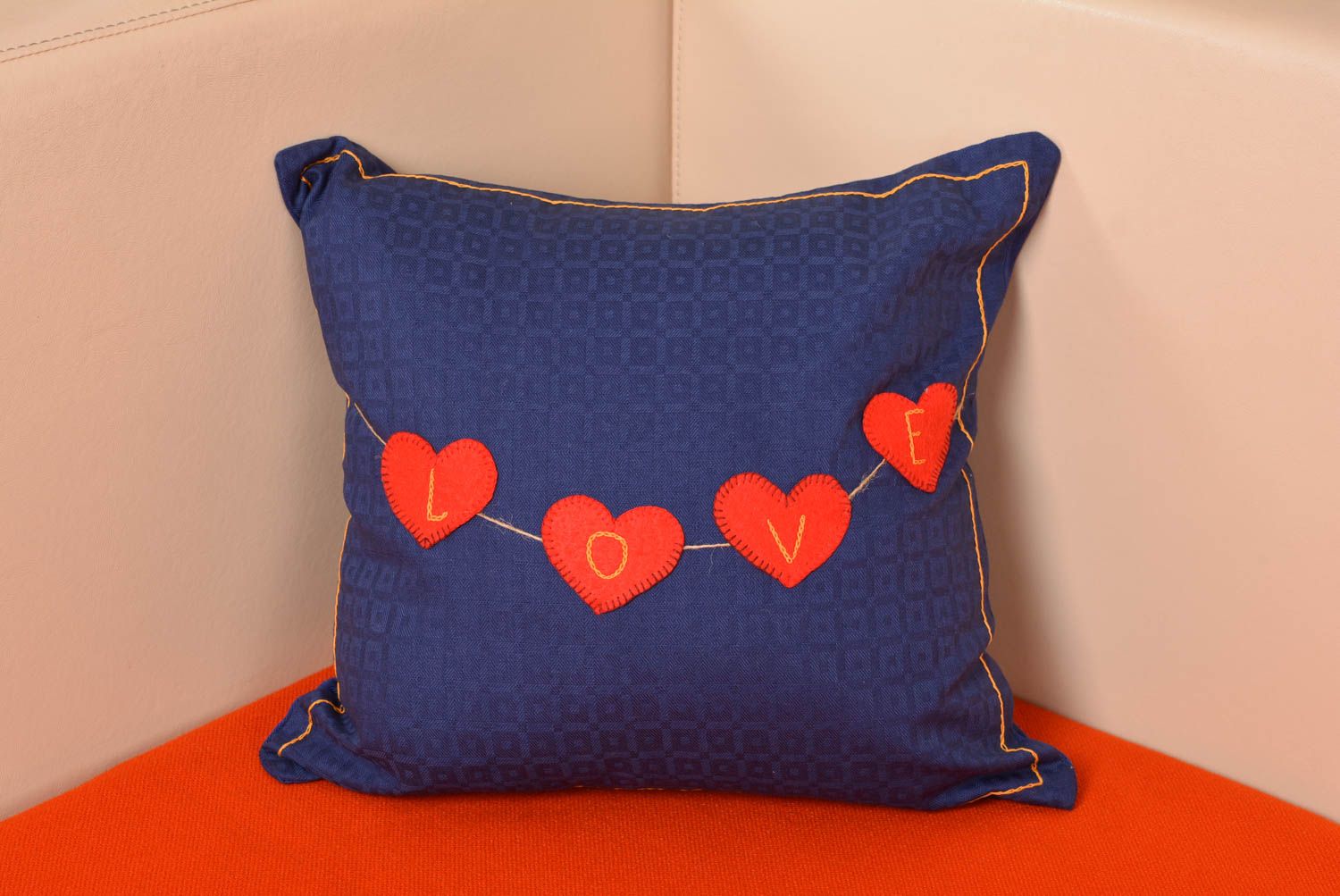 Handmade designer square dark blue satin pillow case with red hearts Love photo 5